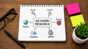 keyword research written on a book with its related content