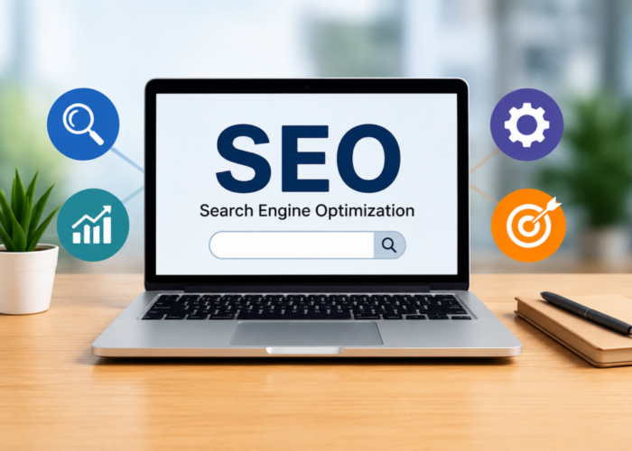 a laptop with guide to seo